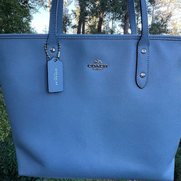COACH Shoulder Bag City Zip Tote Bag Azure Blue w Silver Hardware AUTHENTIC - Picture 6 of 10